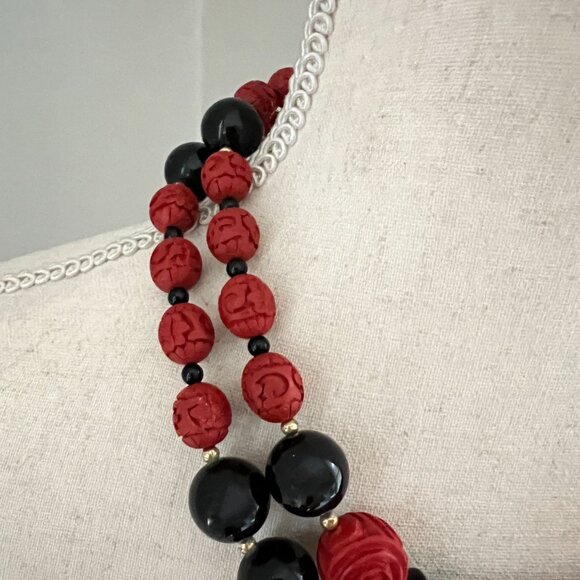 Vintage Chinese Black Red Cinnabar Bead Double Strand Necklace Sterling Clasp - Picture 5 of 8